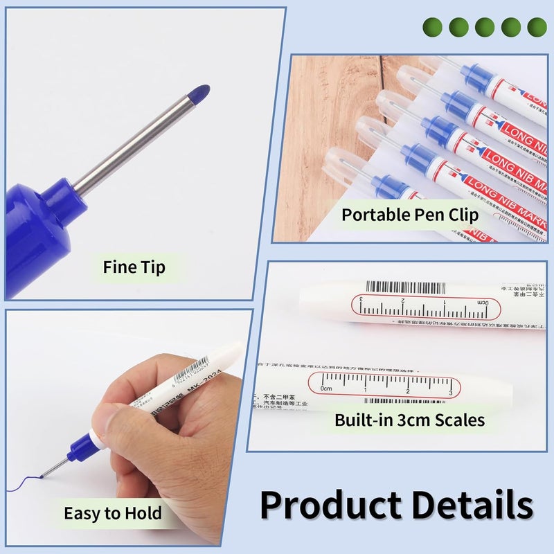 Mkobon 15 Pcs Long Head Deep Hole Marker, 20 mm Long Nose Nib Deep Reach Metal Marking Pen, Quick-drying Waterproof Permanent Pens For Carpenter, Woodworking, Construction (Blue) - Image 4
